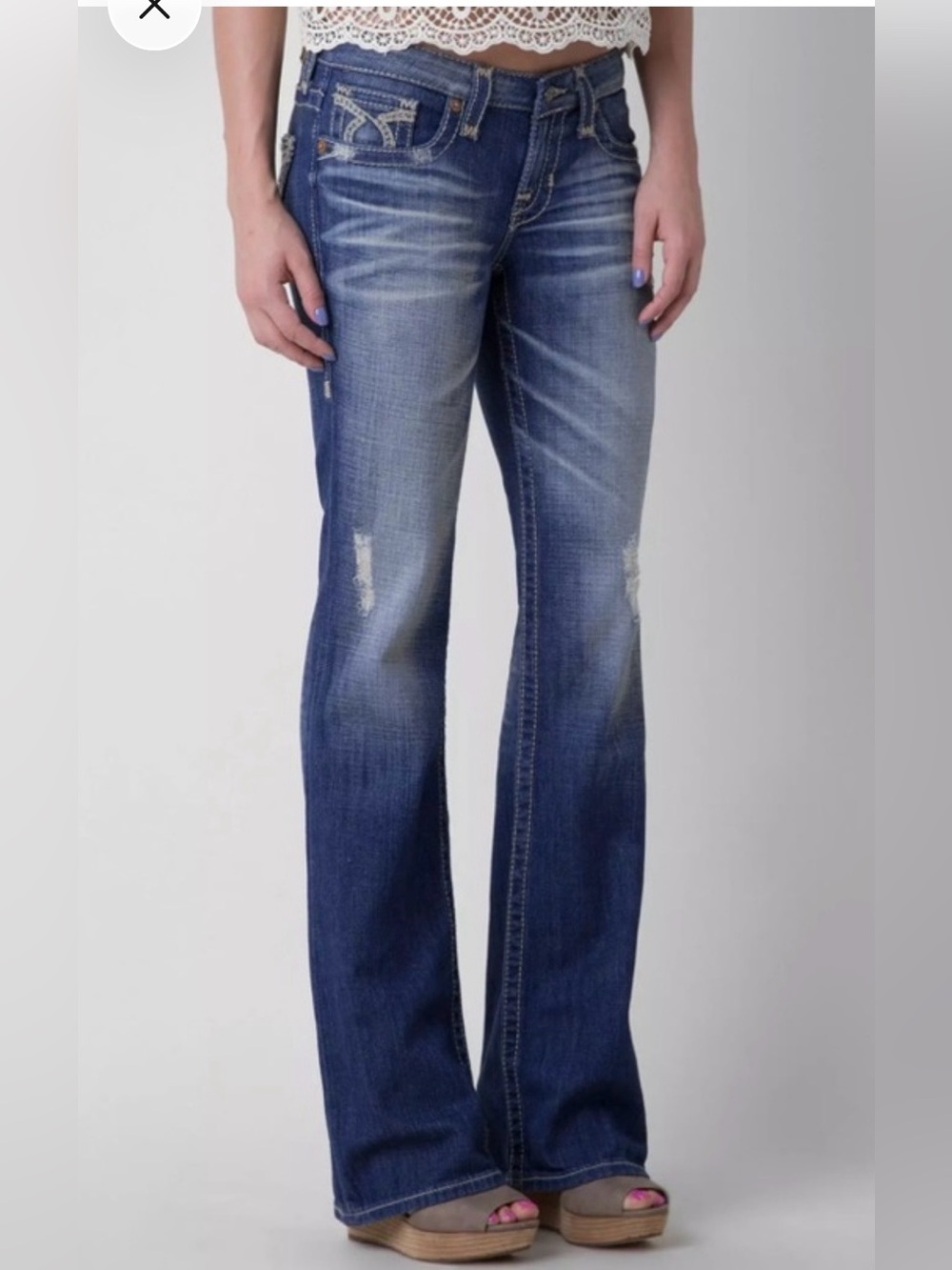 Big Star Liv Bootcut Jeans 29L Dark Wash Rhinestone Horseshoe Y2K Low Rise Slim